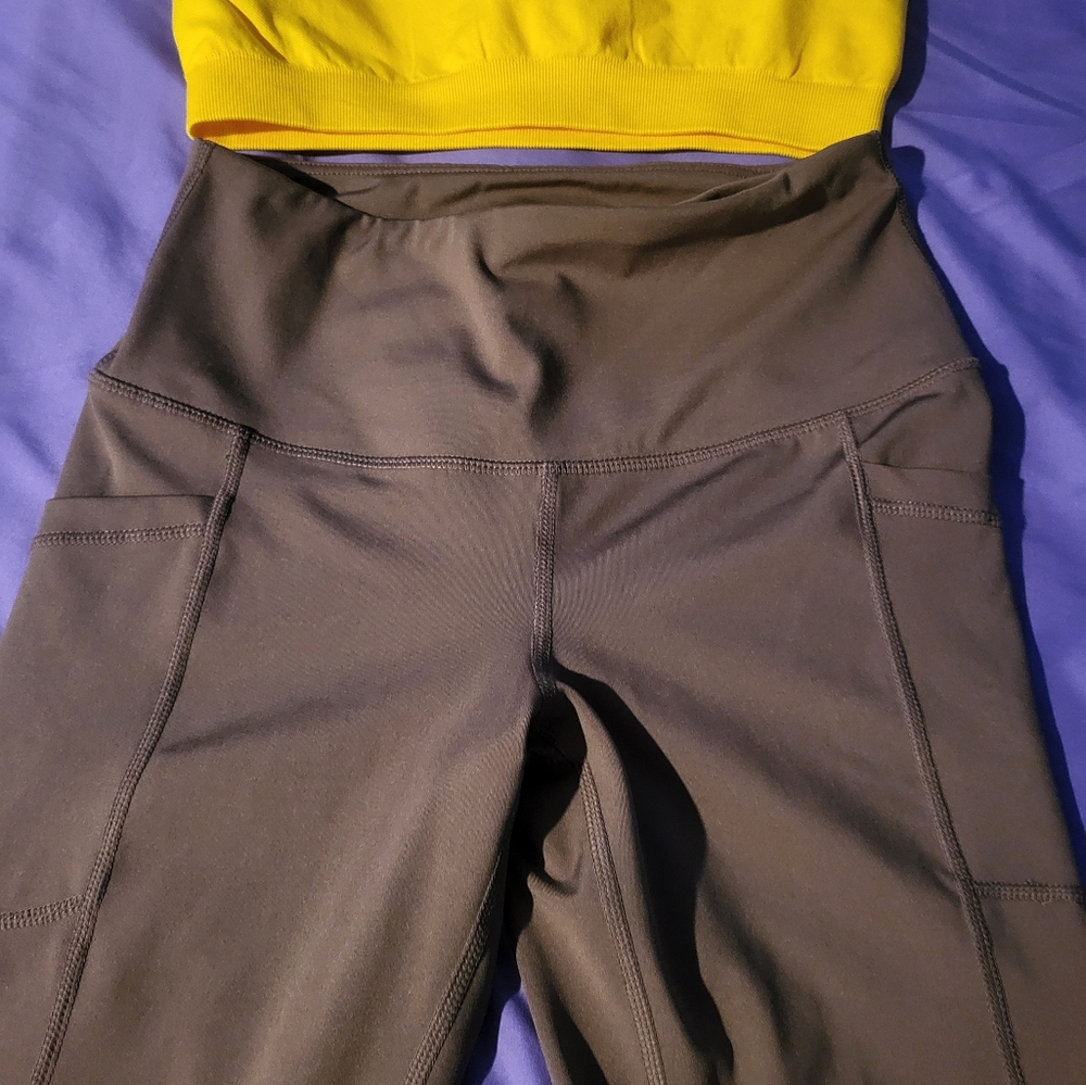 Yellow Crop Top and Brown Leggings Set